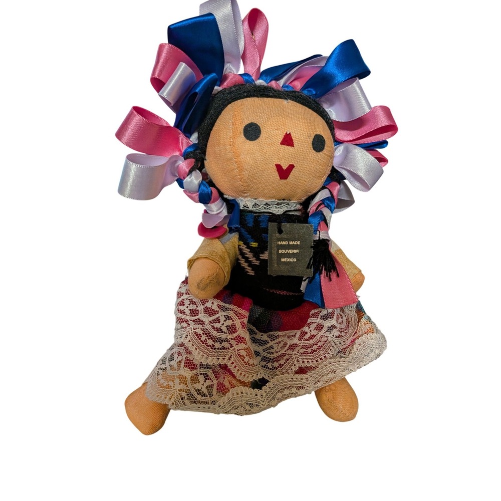 Handmade Mexican Maria Rag Doll Traditional Ribbon Braids Lace Skirt Souvenir